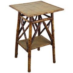 Antique English Square Bamboo Side Table, Map Decoupage