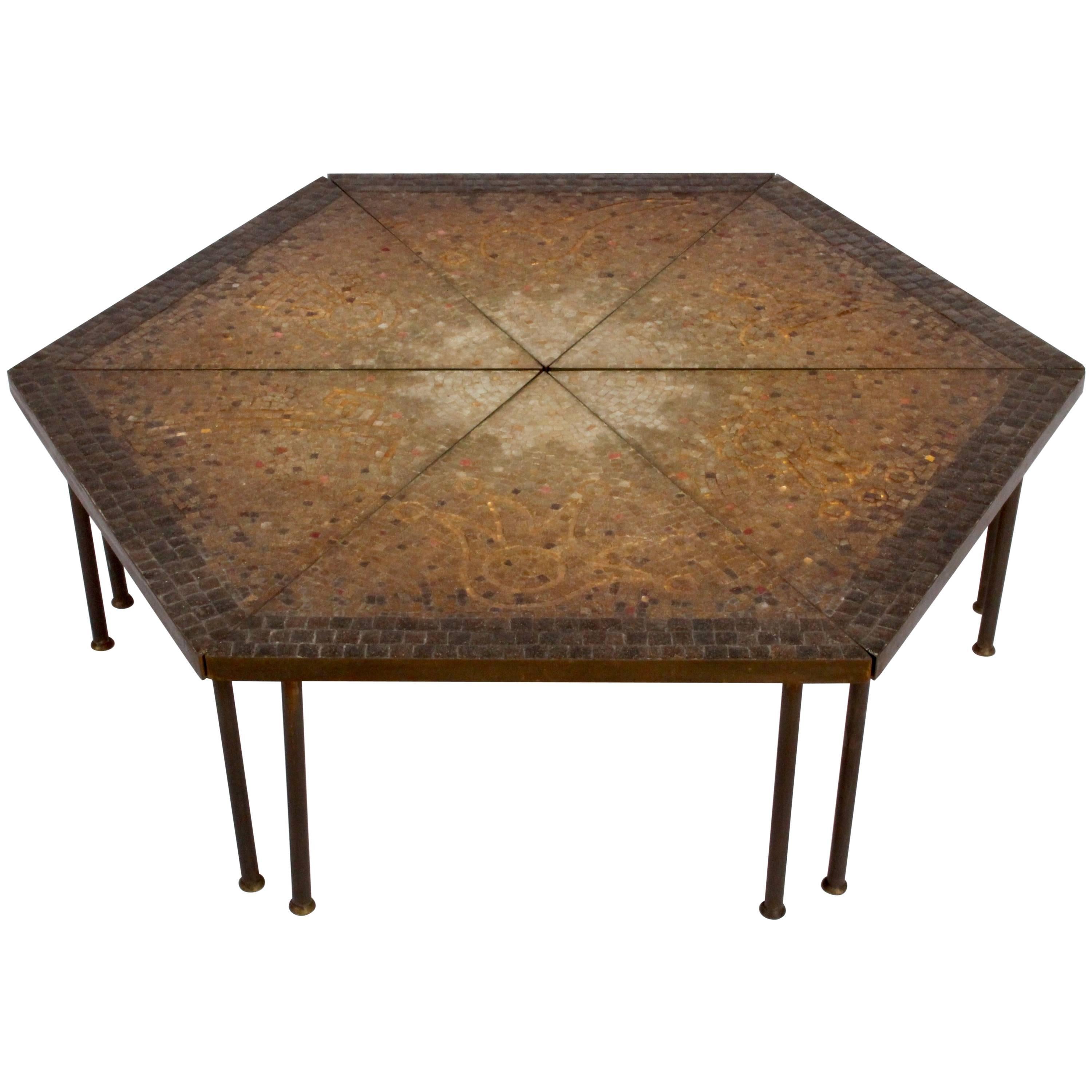 Genaro Alvarez Six-Piece Glass Mosaic Tile and Brass Aztec Coffee Table, 1950s