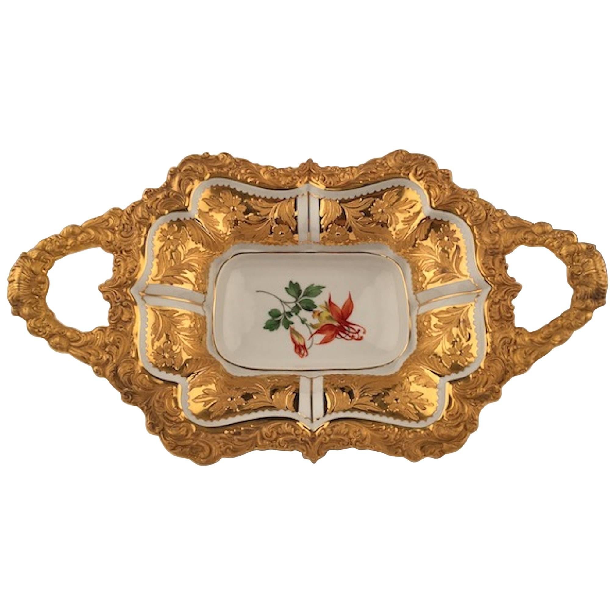 20th Century Meissen Two Handle Serving Tray with Gold Gilt Handles and Boarder