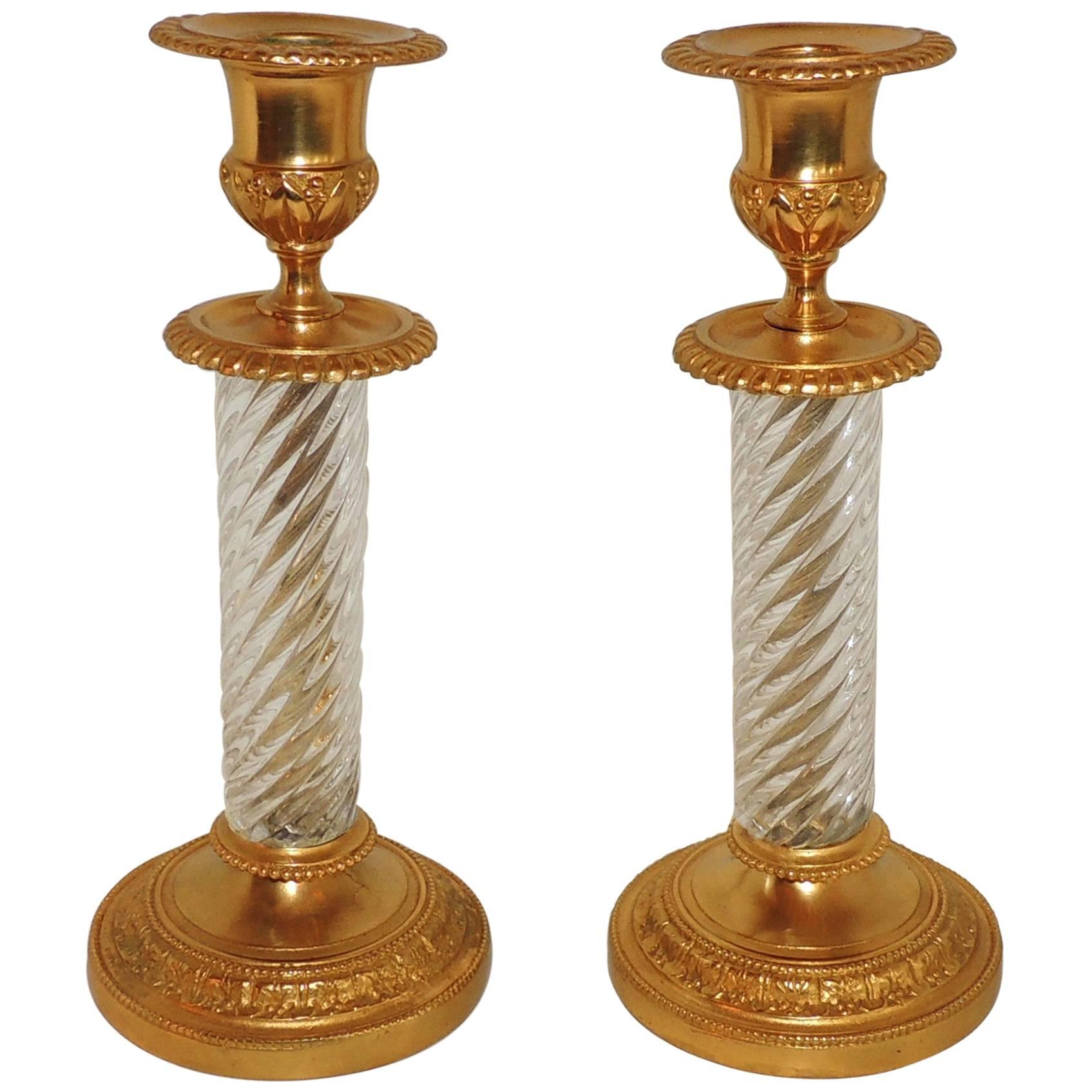 French Pair of Baccarat Empire Doré Cut Crystal Ormolu-Mounted Candlesticks