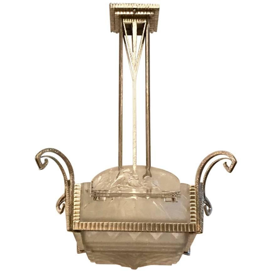 French Art Deco Geometric Chandelier Signed by Muller Freres Luneville For Sale