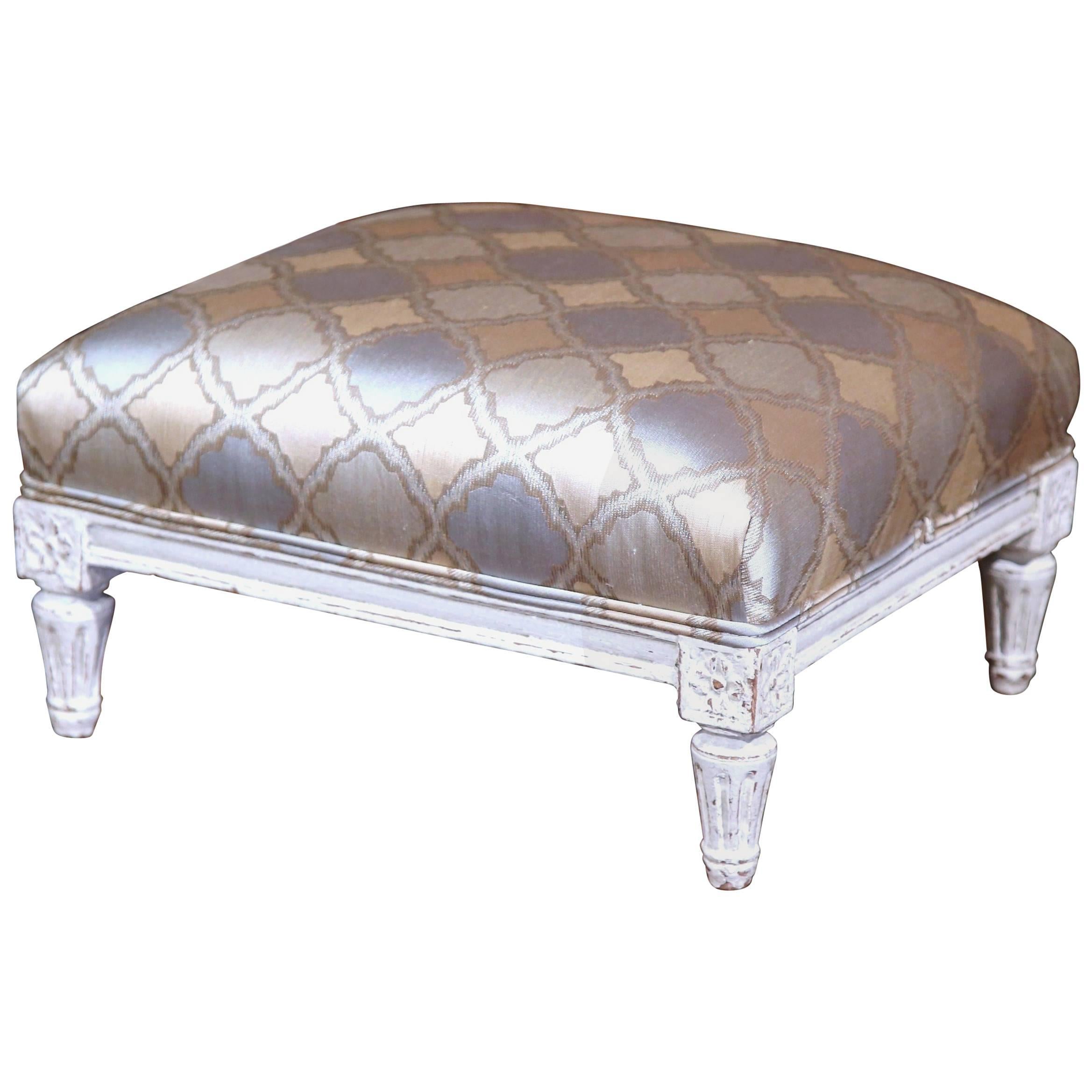 19th Century French Louis XVI Carved Painted Footstool with Silk Fabric