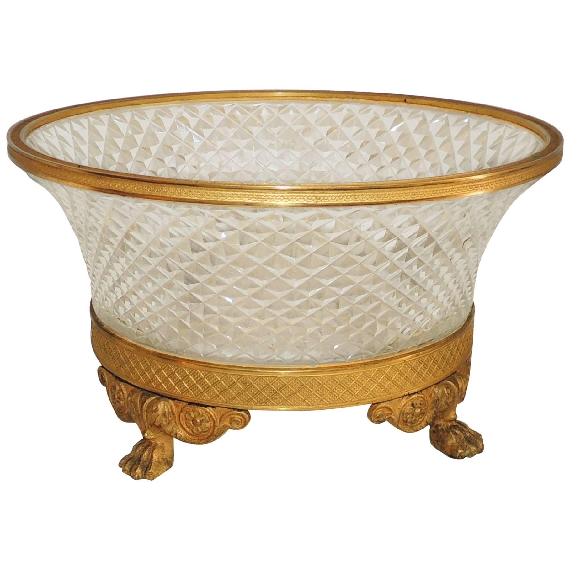 Wonderful French Ormolu Doré Bronze Cut Crystal Gilt Paw Feet Centerpiece Bowl For Sale