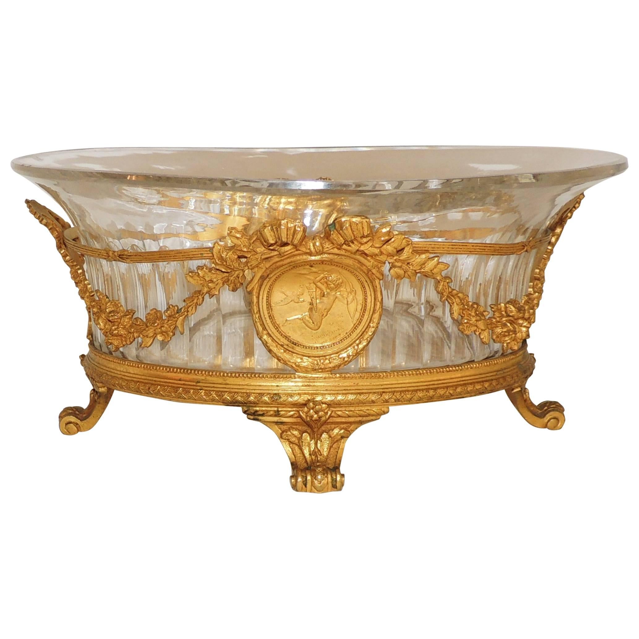 Wonderful French Doré Bronze Cherub Fluted Oval Crystal Gilt Ormolu Centerpiece