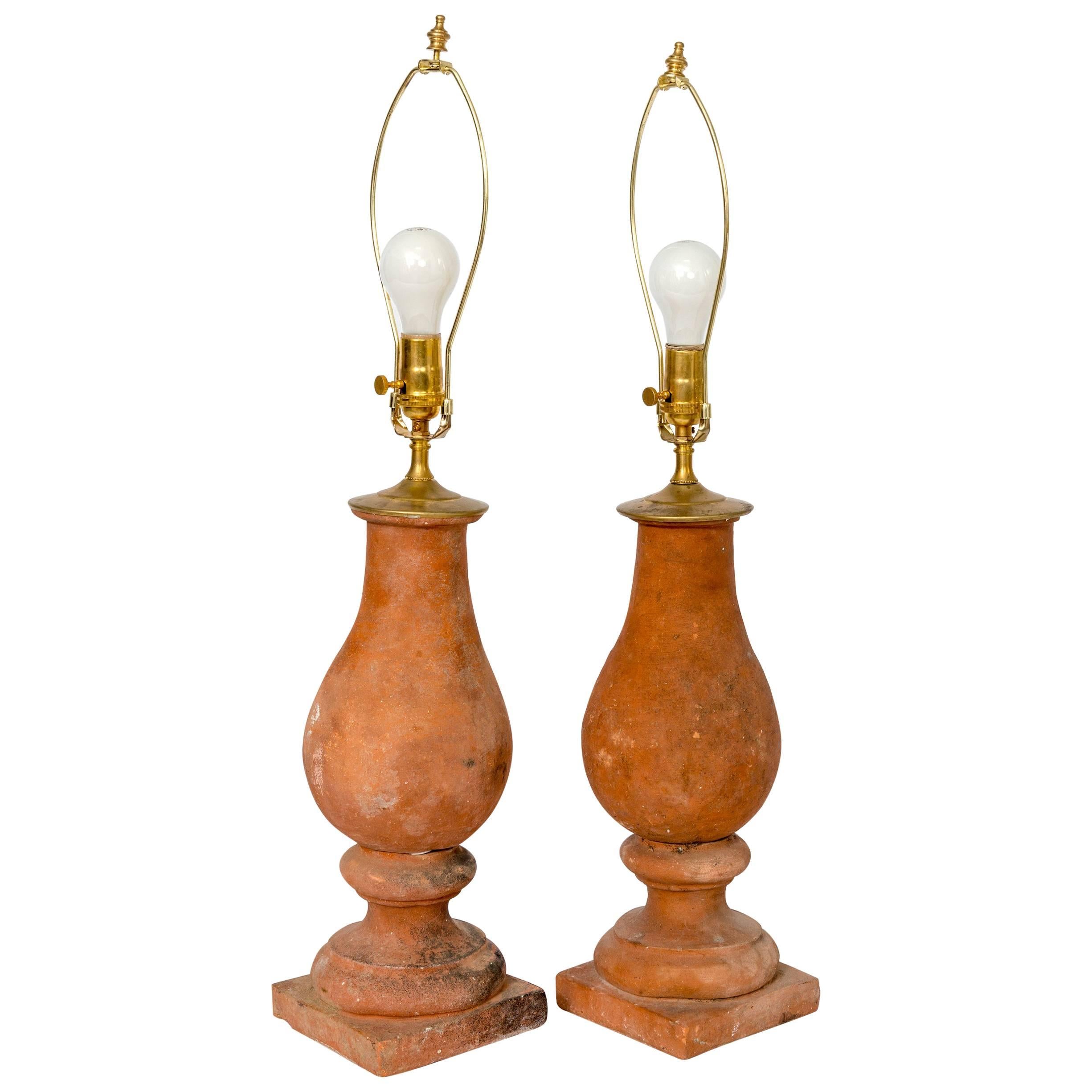 Pair of Hand-Mold Red Terra Cotta Baluster Table Lamps