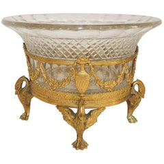 Wonderful French Doré Bronze Swan Swag Bow Cut Crystal Gilt Ormolu Centerpiece