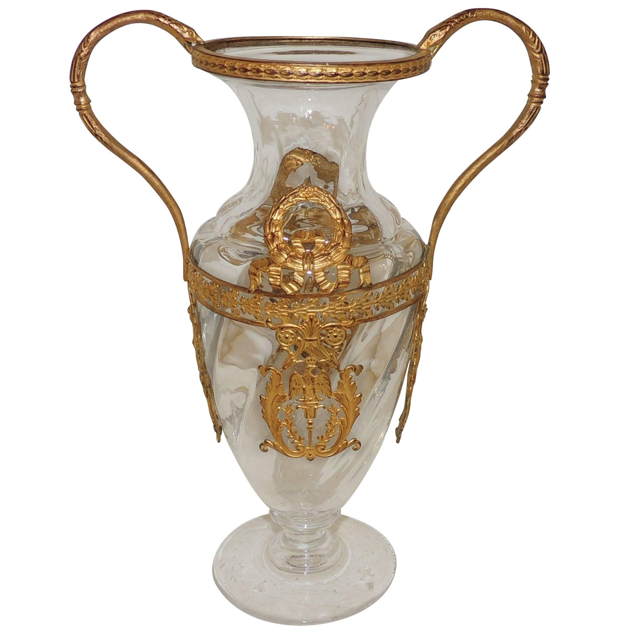 Wonderful French Bronze Ormolu-Mounted Crystal Floral and Ribbon Fluted Vase