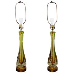 Mid-Century Modern Murano Seguso Glass Pair of Yellow and Green Table Lamps
