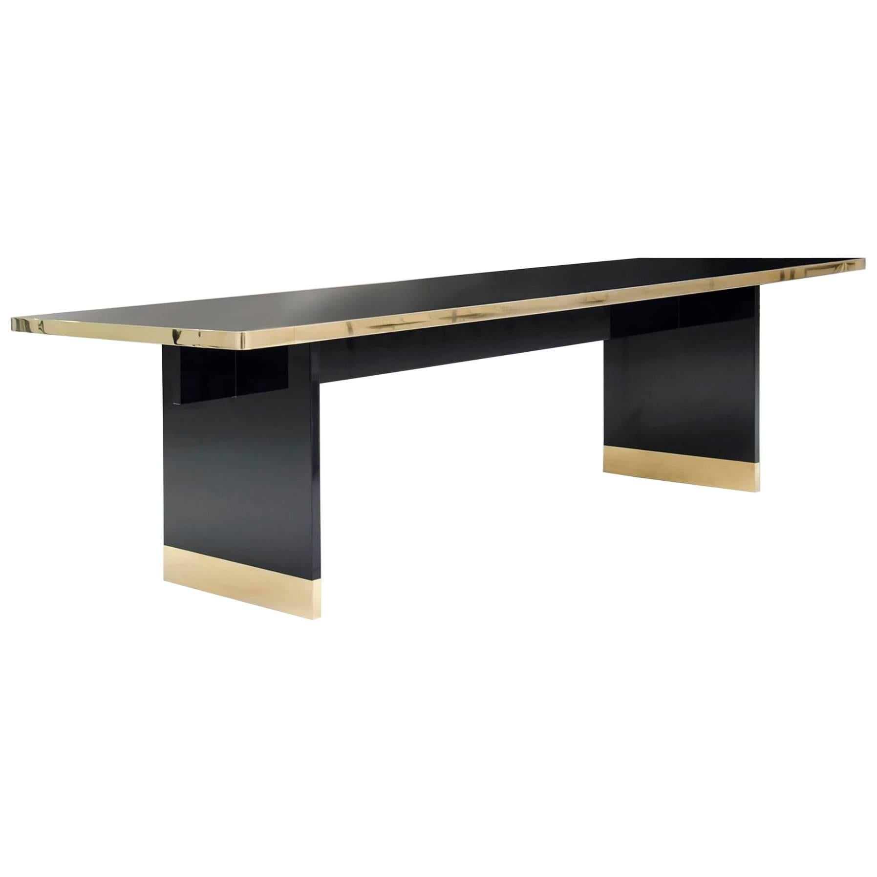 Winslow Dining Table in Brass and Lacquered Wood with Glass Top Contemporary