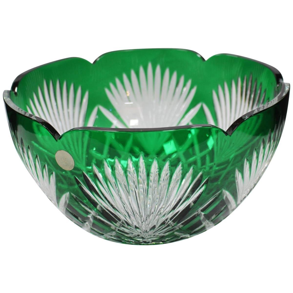 Large Cut-Glass Green Overlay Crystal Bowl
