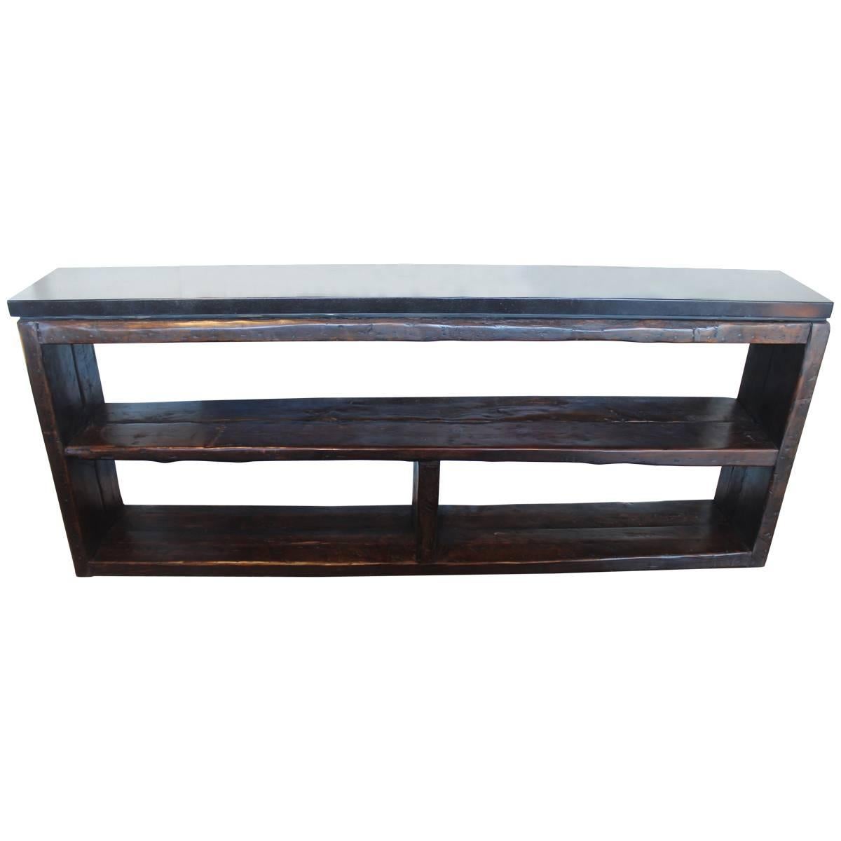 Console Made from French Re-Claimed Pine with Ebonized Limestone Top