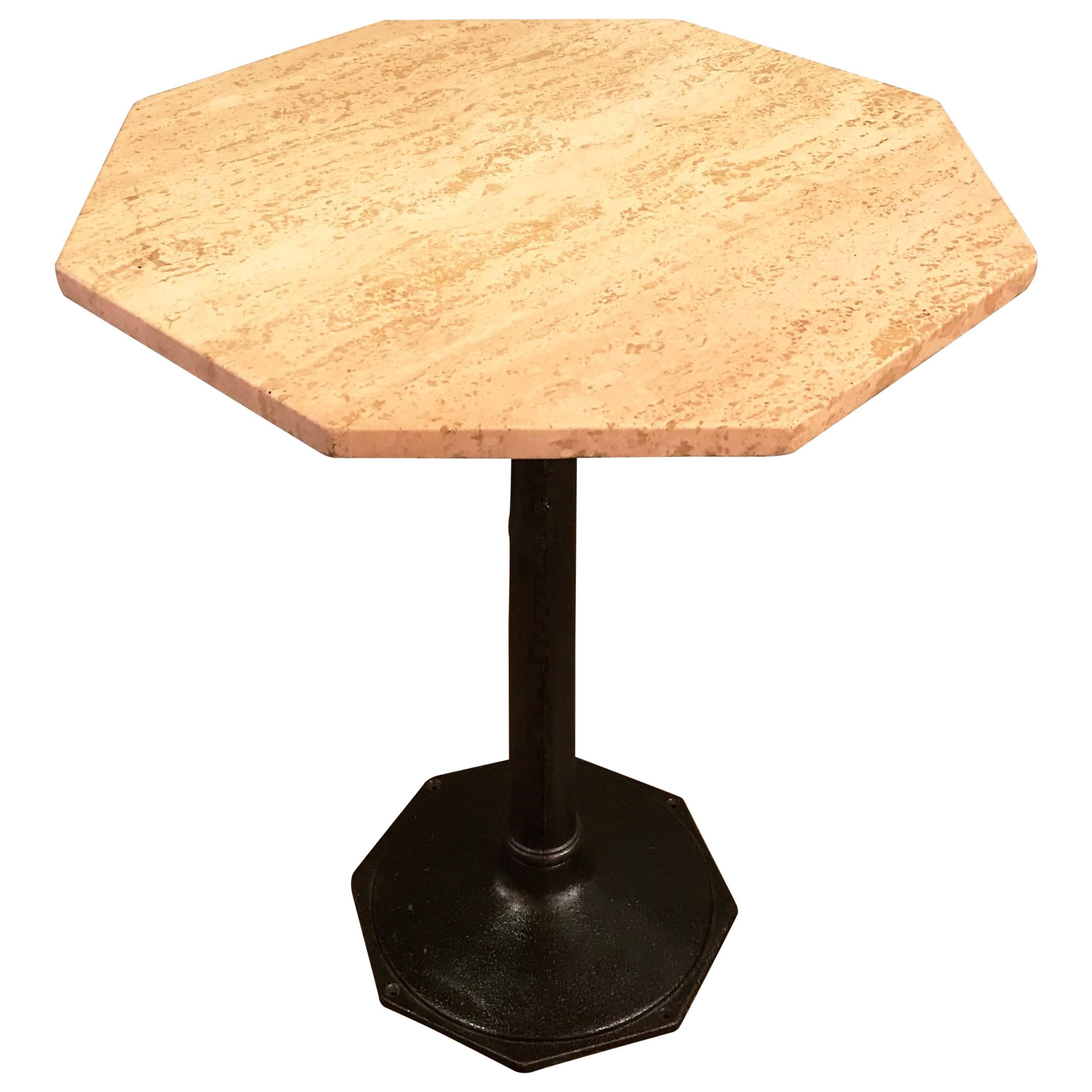 Octagonal Travertine and Cast Iron Pedestal Bistro Table
