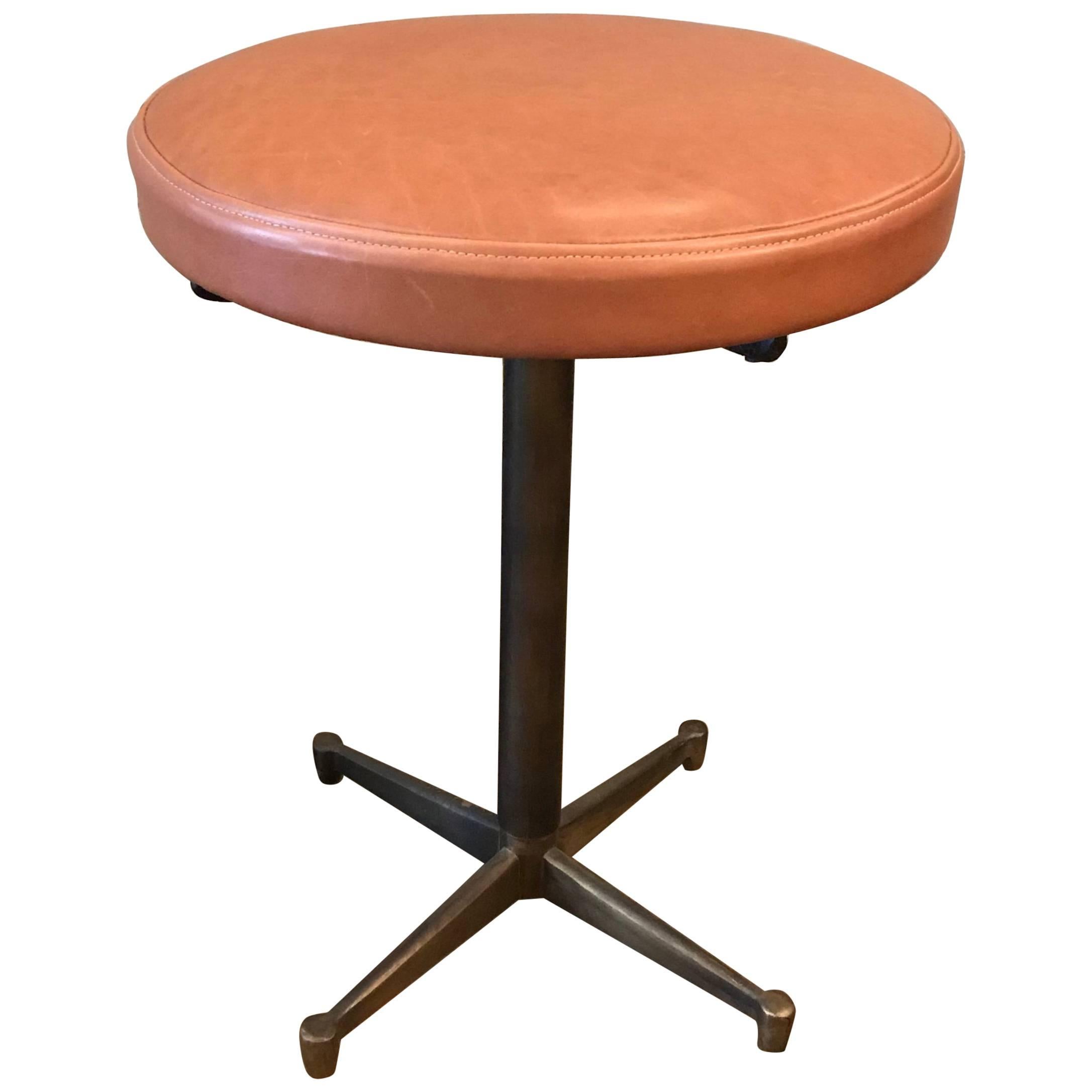 French Mid-Century Modern Leather and Bronze Swivel Vanity Stool