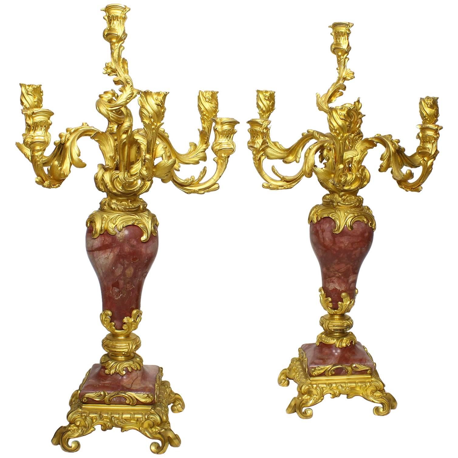 Pair of French 19th Century Louis XV Style Gilt-Bronze & Rouge Royal Candelabra