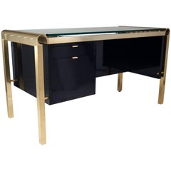 Black Pace Collection Desk with Brass Frame and Glass Top