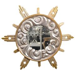 Large Italian Gilded Sunburst Mirror, Diamond Cutouts and Cloud Motifs, 19th C. 2