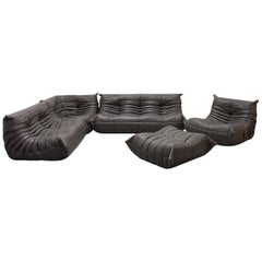 Vintage Graphite Leather Togo Sofa Set by Michel Ducaroy for Ligne Roset, 1970s