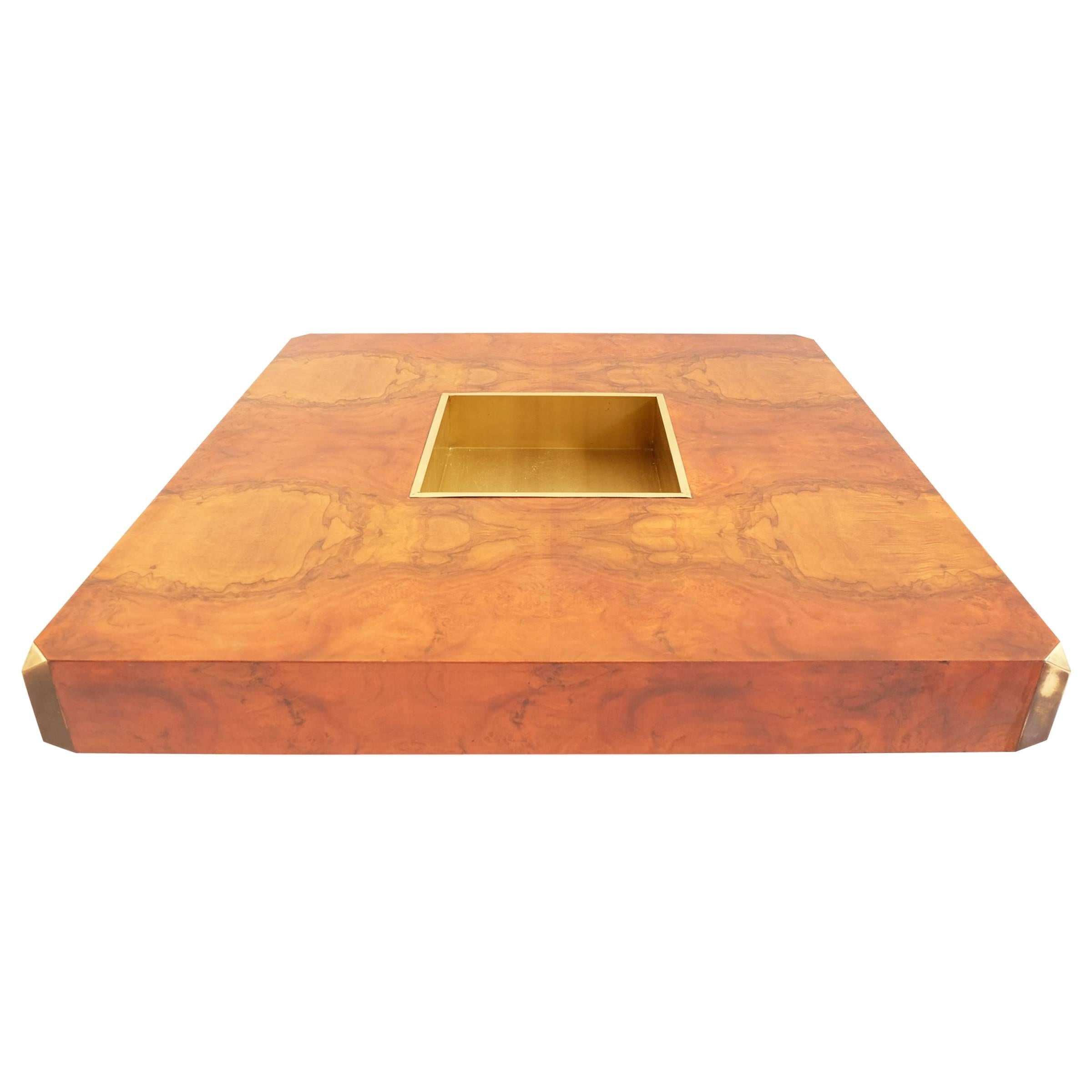 Willy Rizzo, Alveo Bar Coffee Table, in Stunning Burl Wood and Brass at