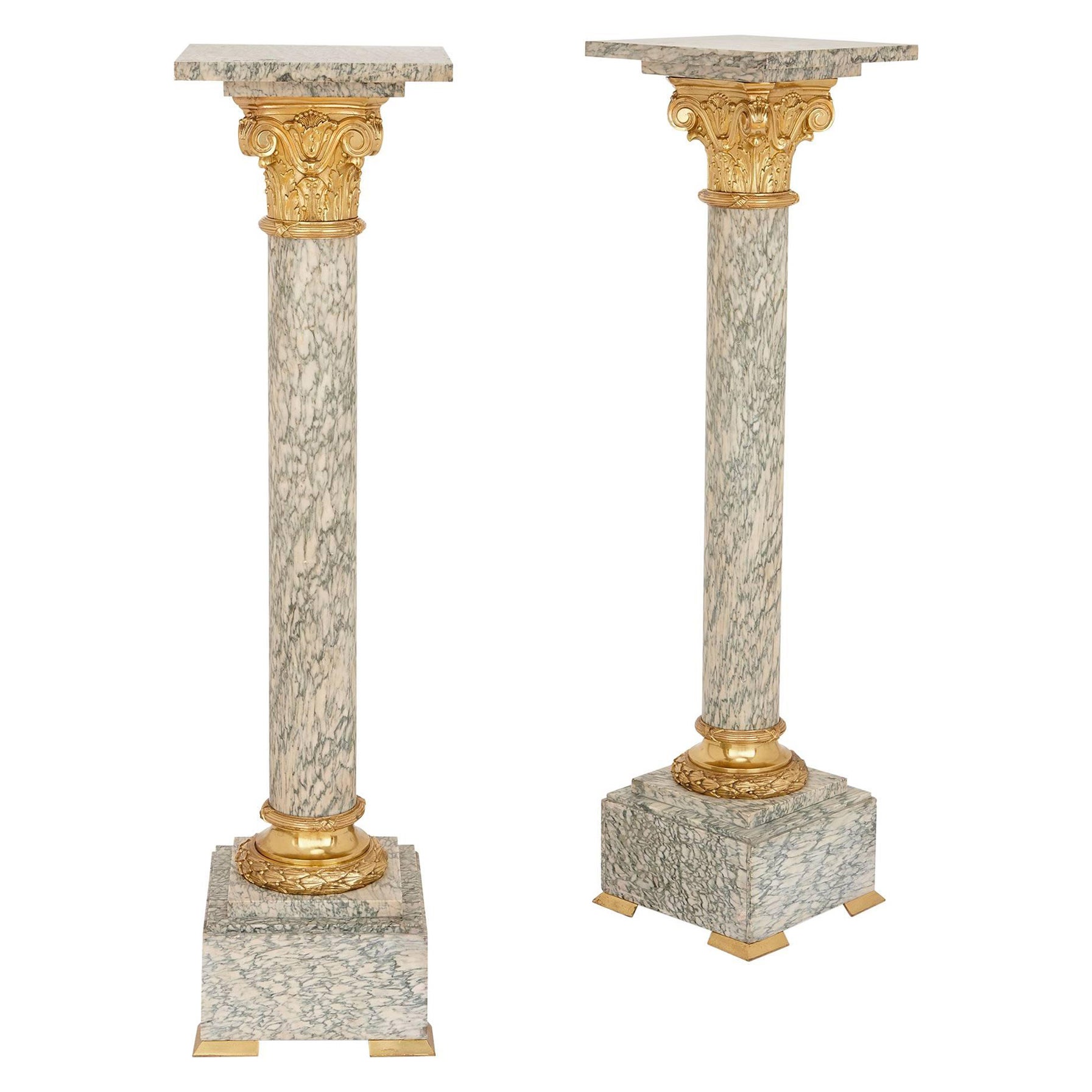 Pair of Neoclassical Style Green and White Marble and Ormolu-Mounted Pedestals