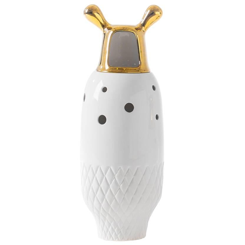  Nº 5 Vase Showtime 10' contemporain en céramique émaillée blanc et or de Jaime Hayon
