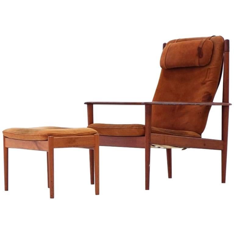 Grete Jalk for Poul Jeppesen PJ56 Danish Leather Lounge Armchair and Ottoman