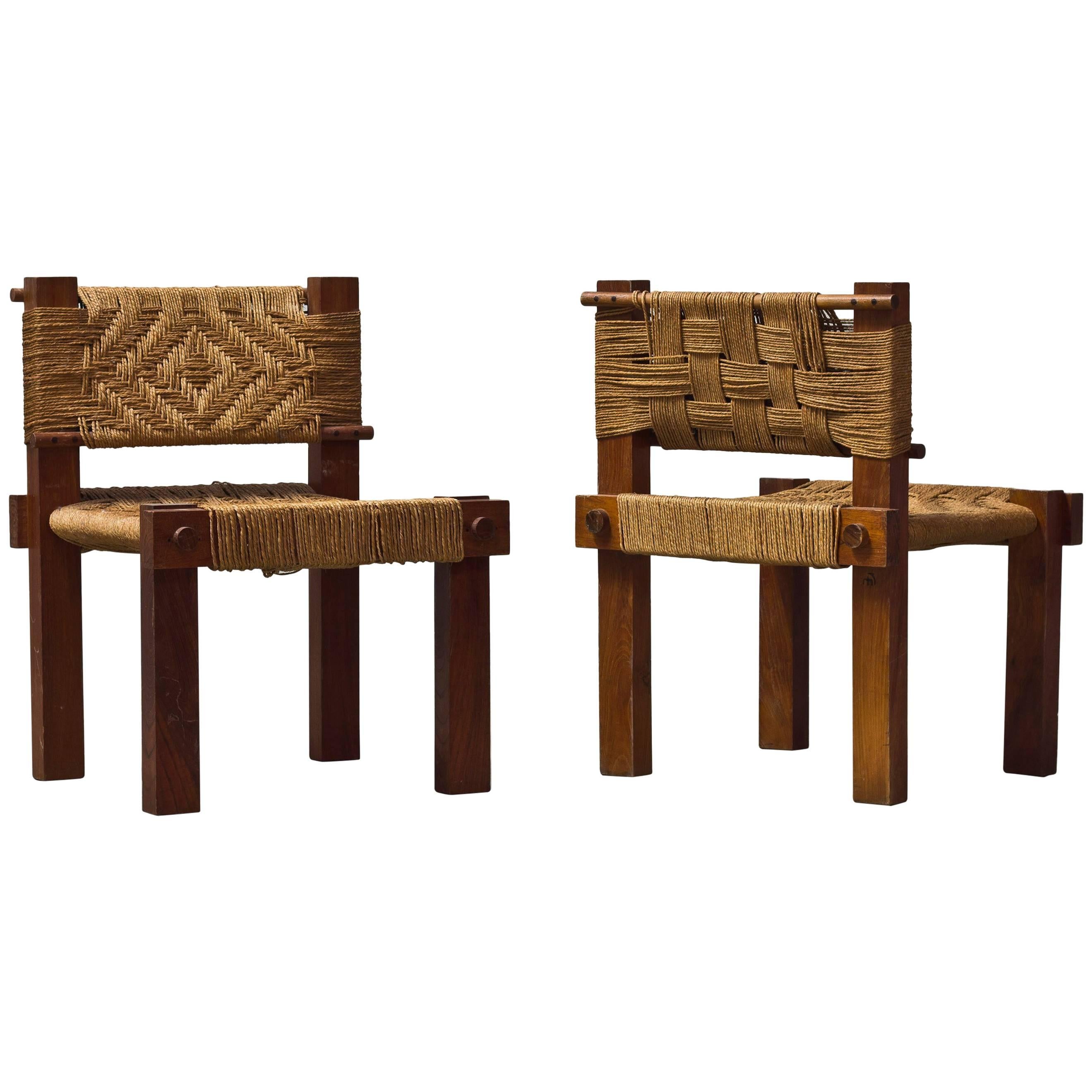 Pair of Wood and Rope Chairs by Adoux and Minet For Sale