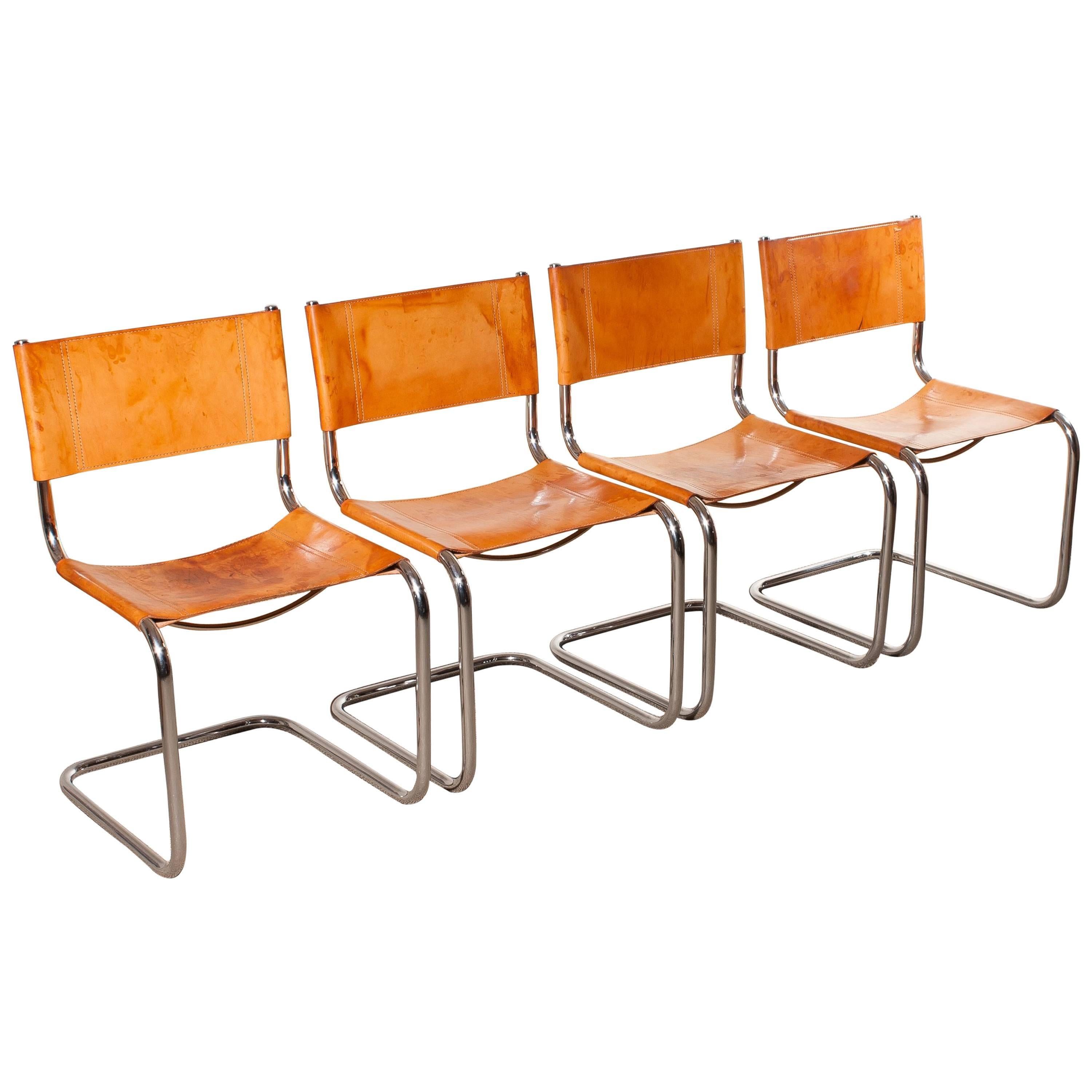 1970s, Set of Four Saddle Leather Dining Chairs by Mart Stam for Fasem