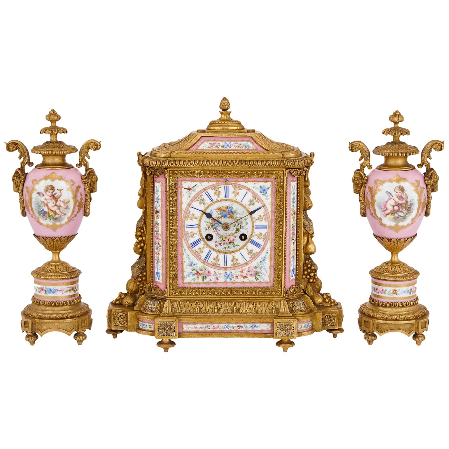 Gilt Bronze and Pink Sevres Style Porcelain Antique Clock Set For Sale