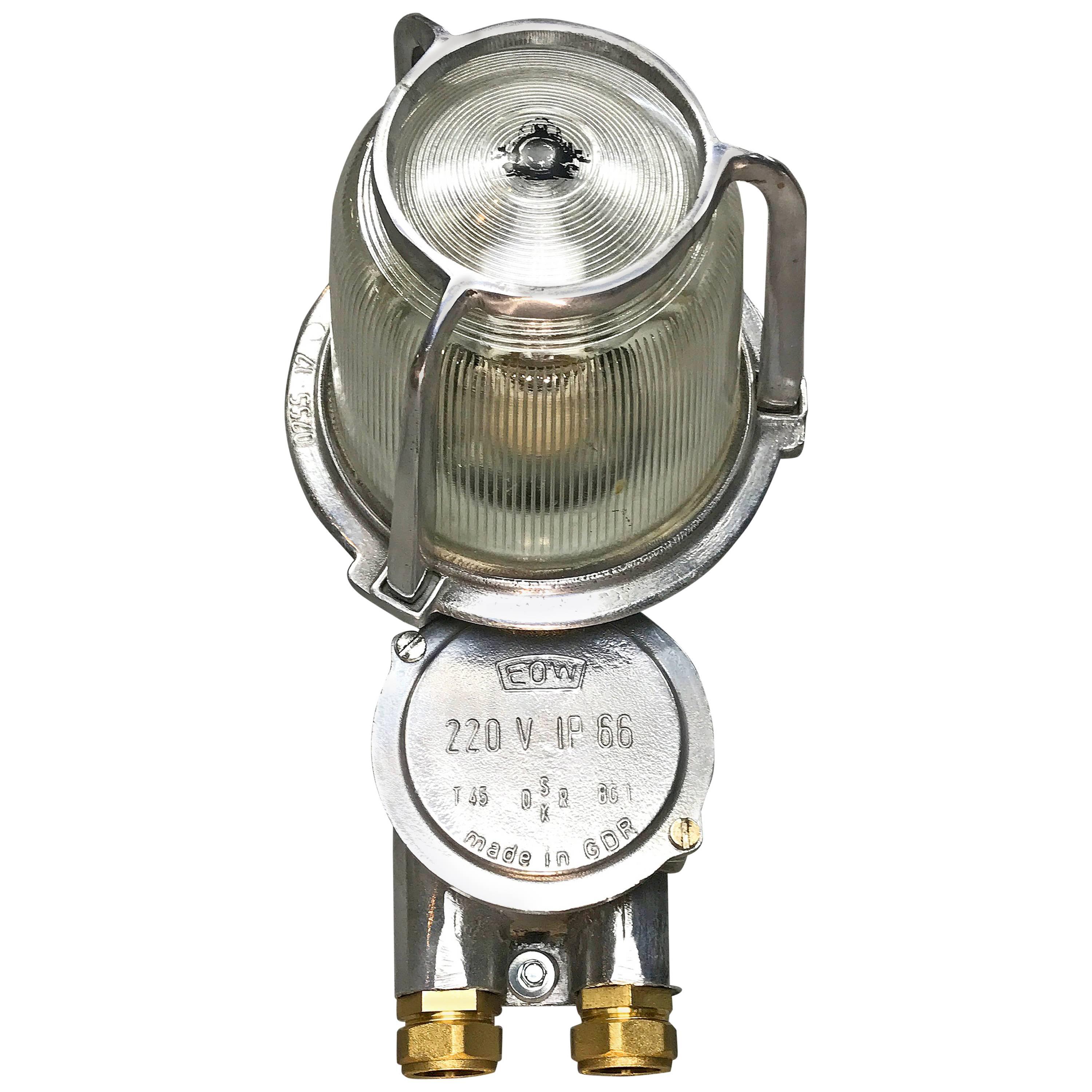 1970s East German Eow Aluminium Industrial Wall Light with Diffuser Glass Dome  For Sale