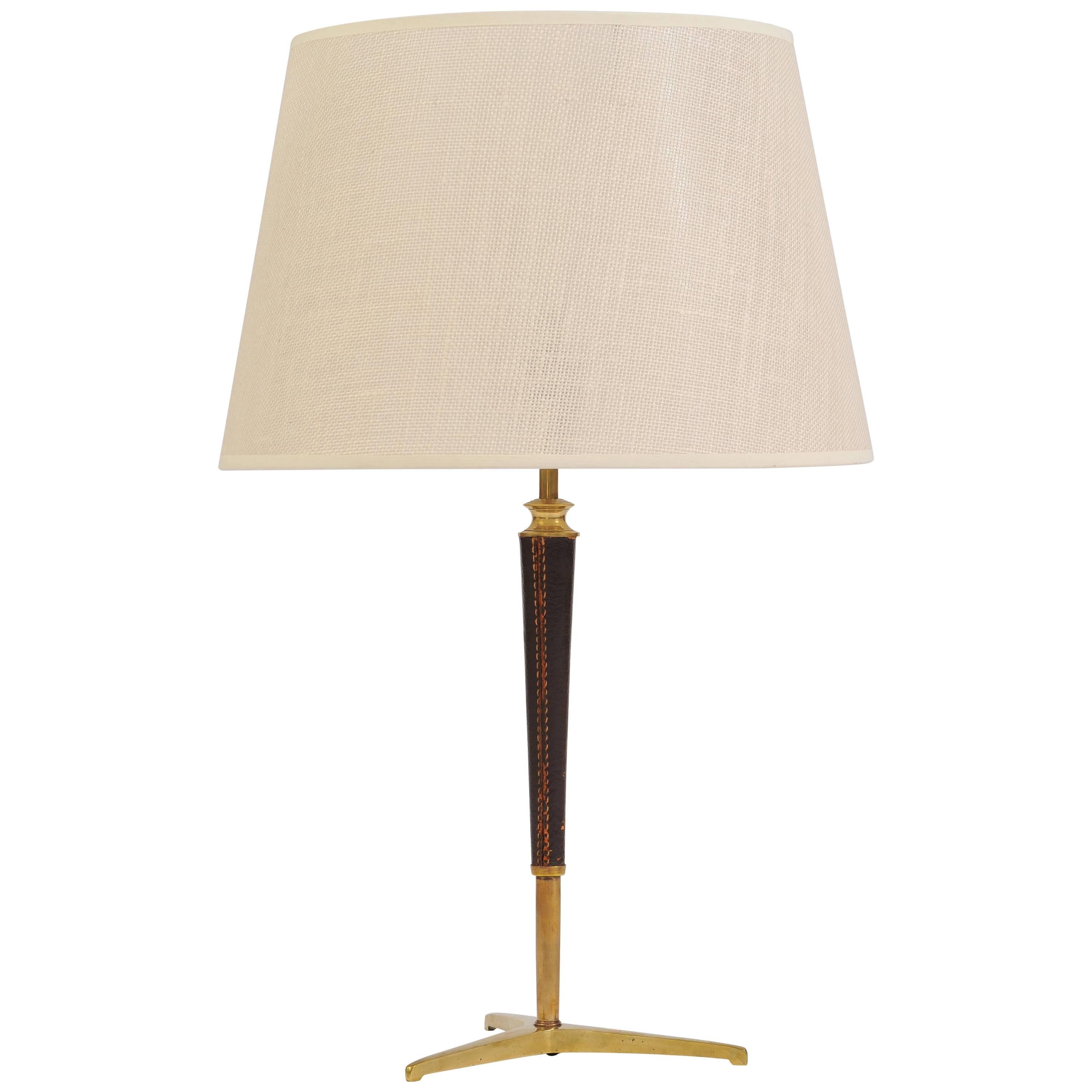 Brass and Stitched Brown Leather Table Lamp, in the Manner of Jacques Adnet