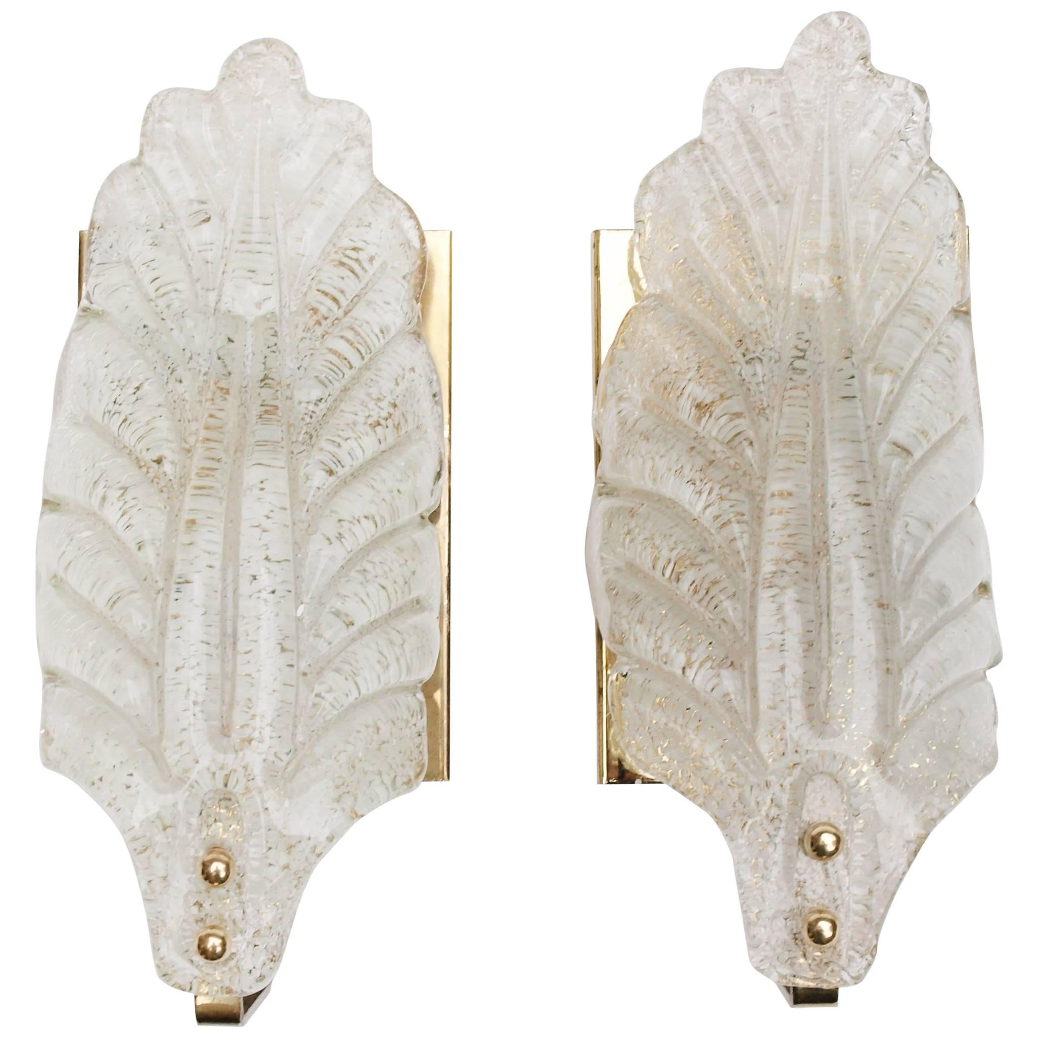Pair of 1950s Murano Glass and Brass Leaf Sconces