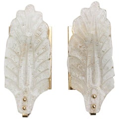 Pair of 1950s Murano Glass and Brass Leaf Sconces
