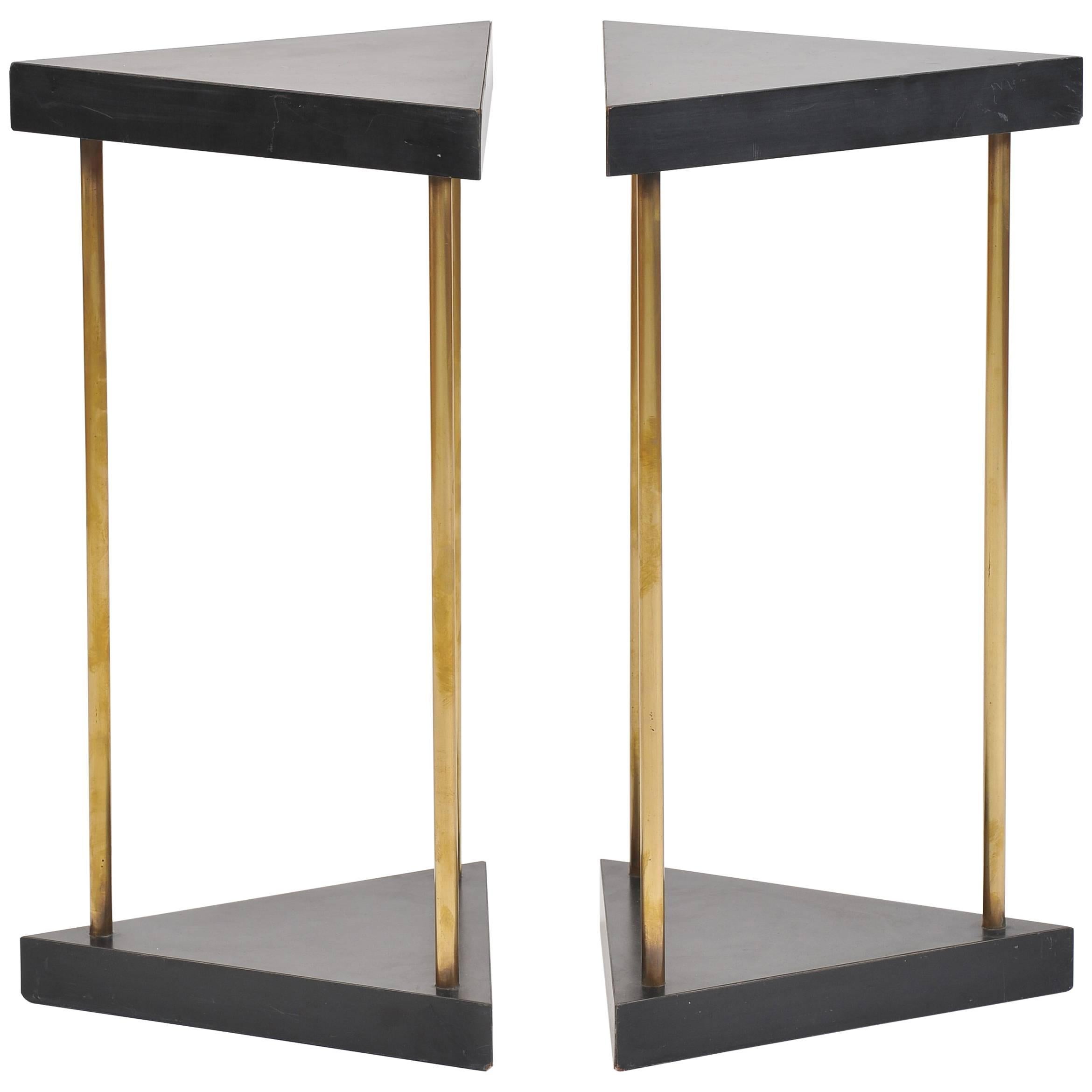 Pair of 1950s Brass and Black Melaminate Triangular Side Tables