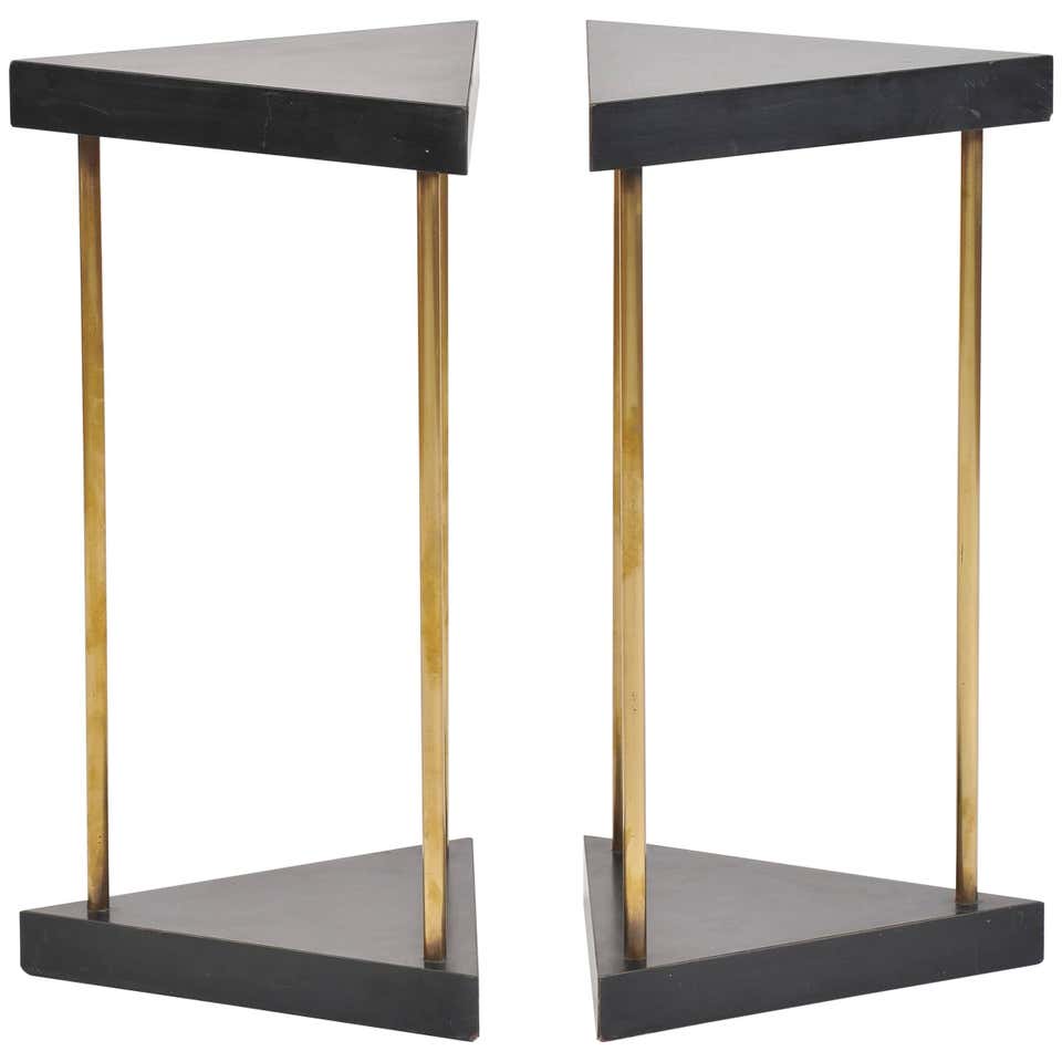 Pair of 1950s Brass and Black Melaminate Triangular Side Tables at 1stDibs