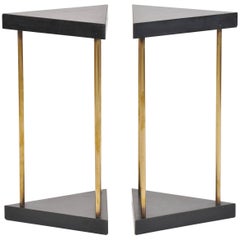 Pair of 1950s Brass and Black Melaminate Triangular Side Tables