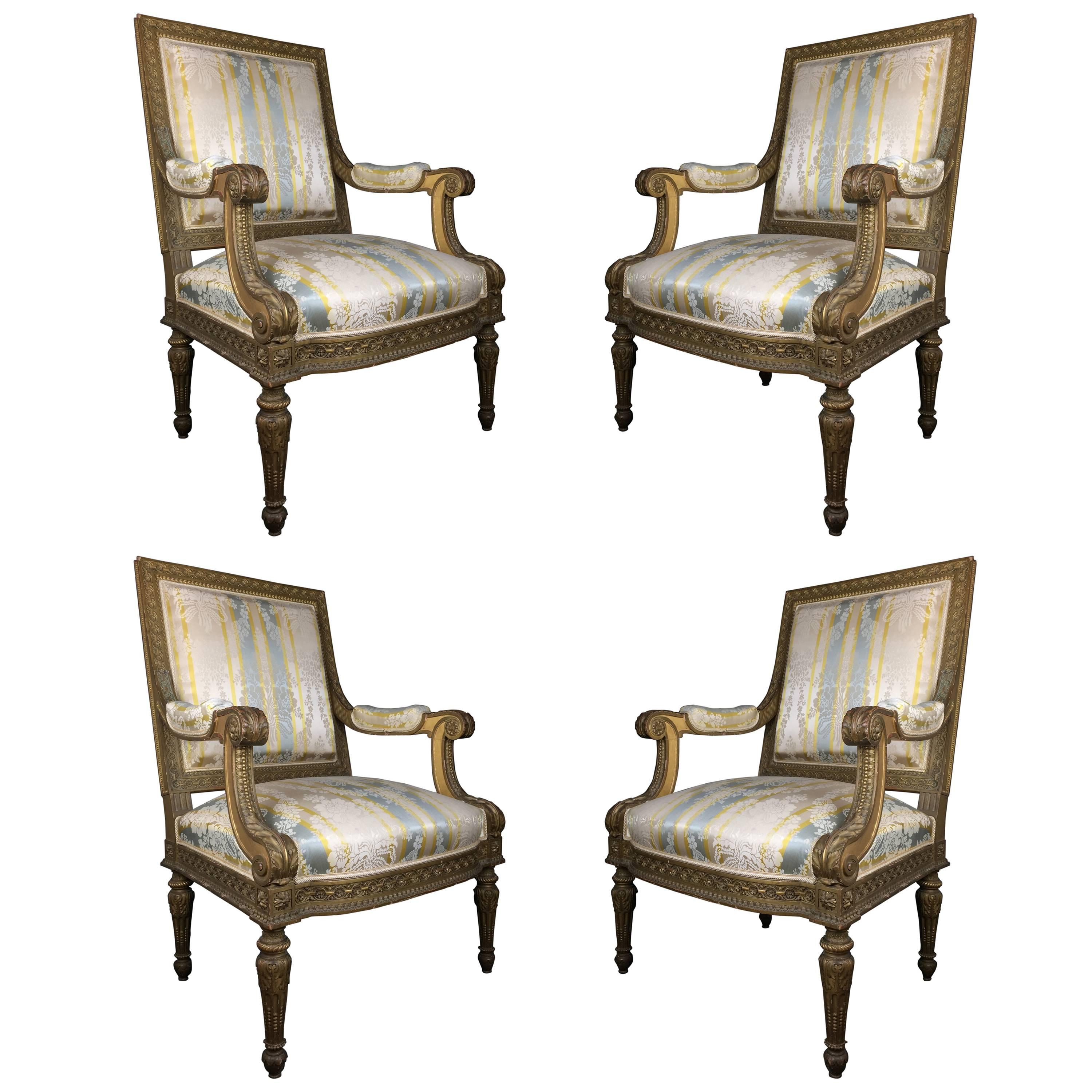 Set of Four Gilded Louis XVI Style Armchairs For Sale