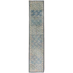 Light Blue and Cream Cross-Latch or Latticework Turkish Oushak Vintage Rug