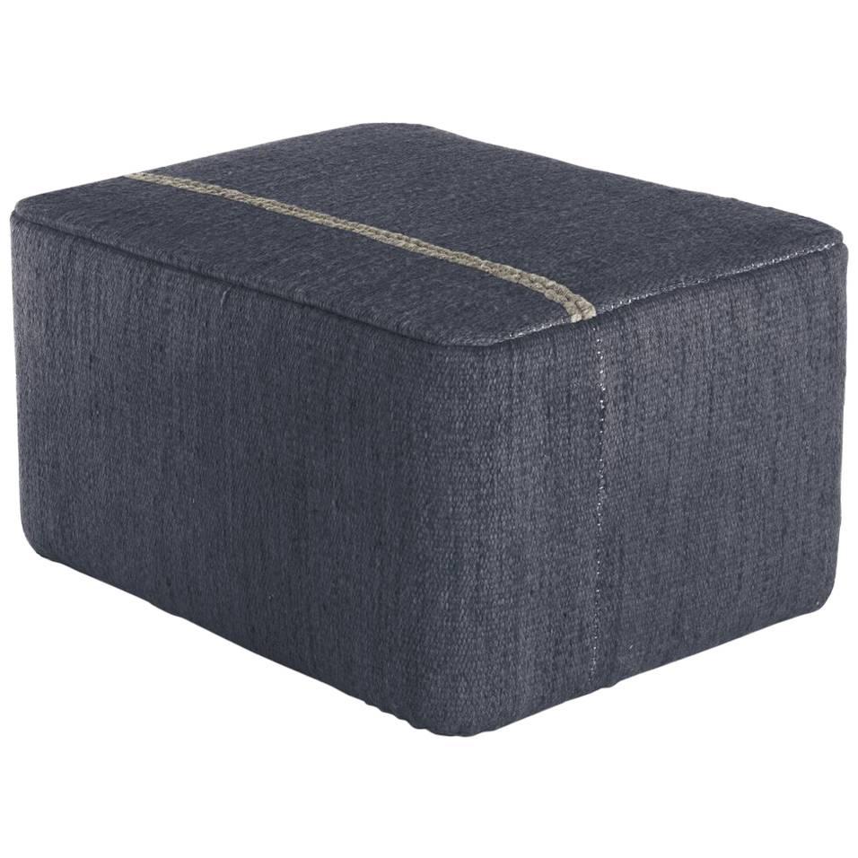 Mia Navy Hand-Loomed Wool Dhurrie Pouf by Andreu Carulla in Stock