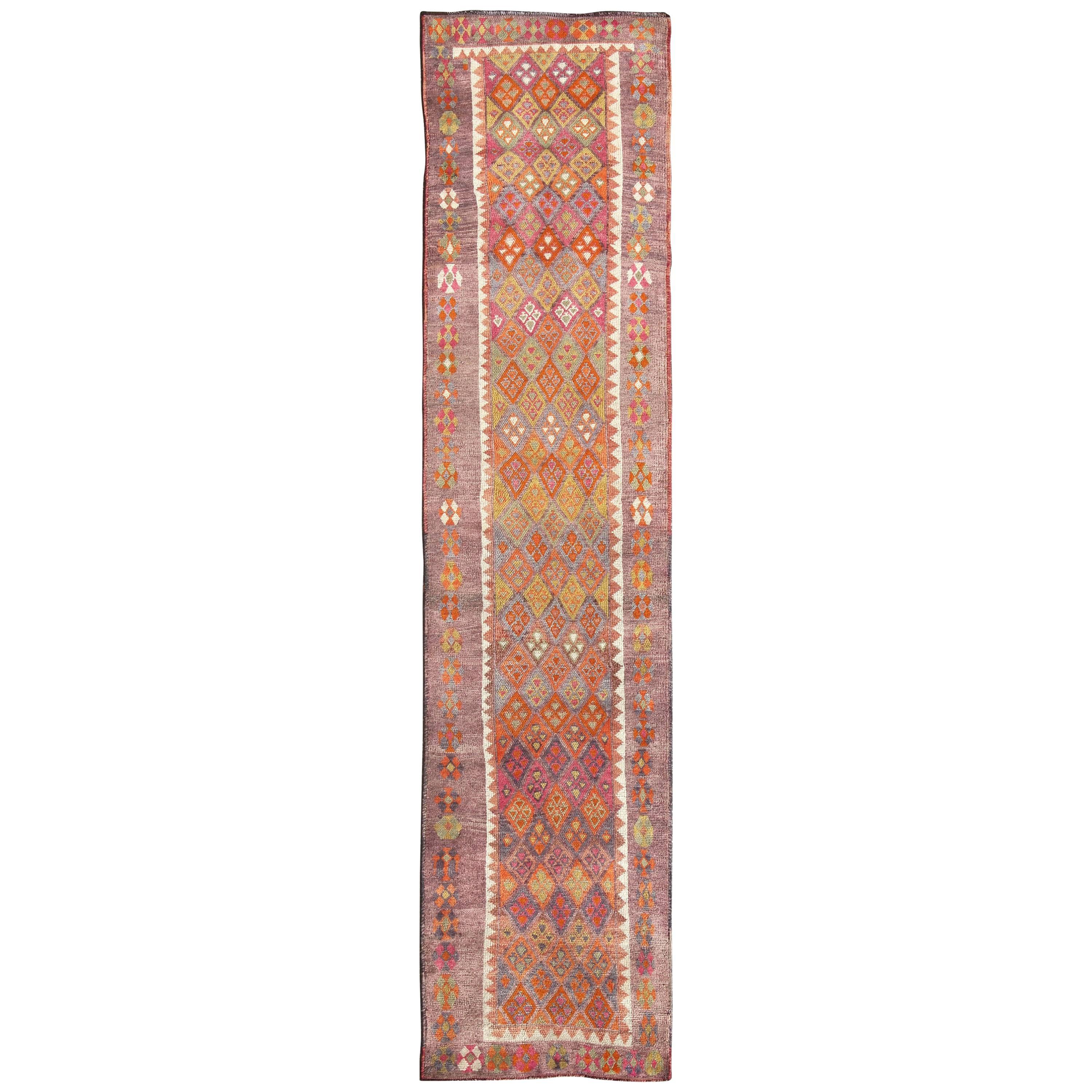 Colorful Vintage Turkish Oushak Runner with Repeating Diamond Geometric Design For Sale