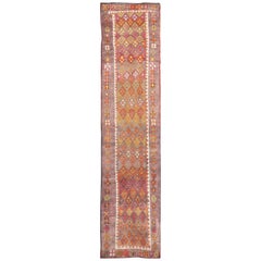 Colorful Vintage Turkish Oushak Runner with Repeating Diamond Geometric Design