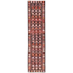 Brown Background Colorful Vintage Turkish Oushak Runner with Geometric Design