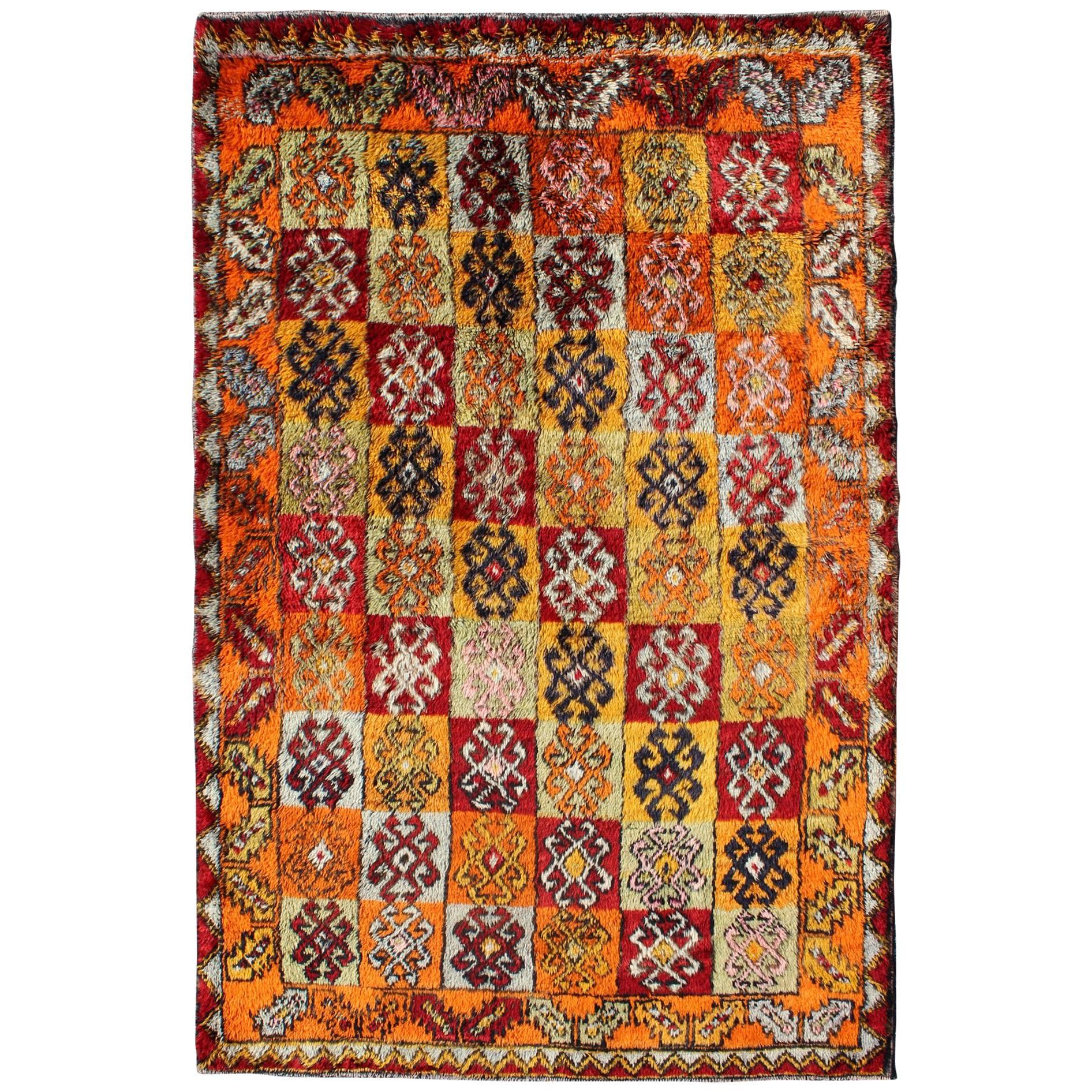 Tribal Checkerboard Design Vintage Turkish Tulu Rug with Bright Multi-Colors For Sale