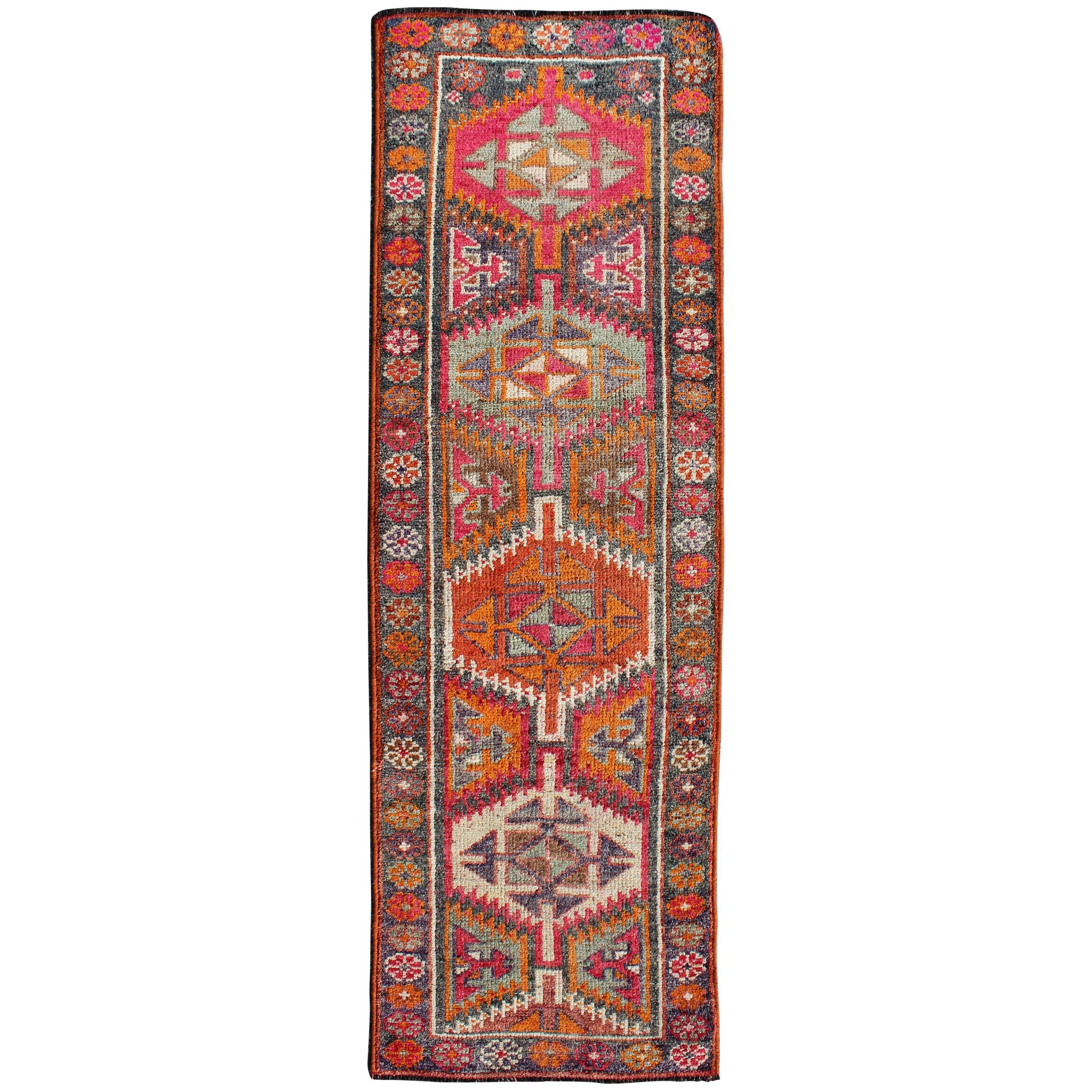 Vintage Turkish Oushak Runner with Four Colorful Tribal Medallions