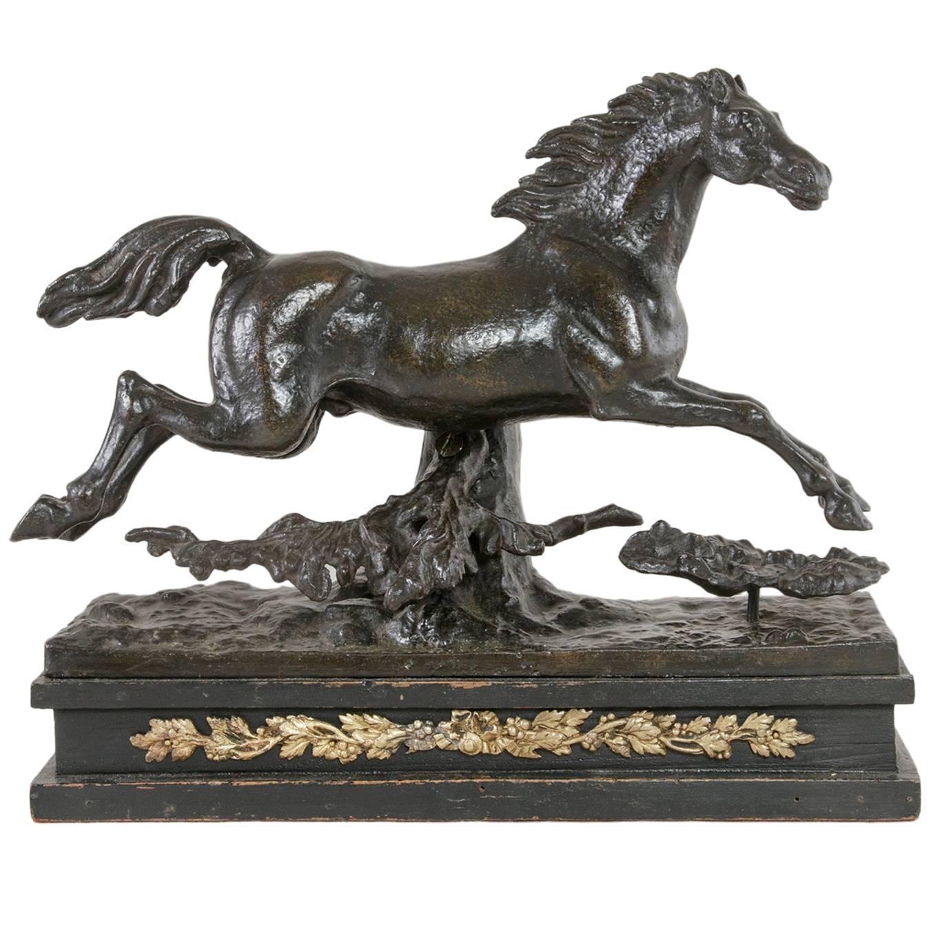 19th Century French Napoleon III Period Cast Iron Horse Sculpture on Wooden Base