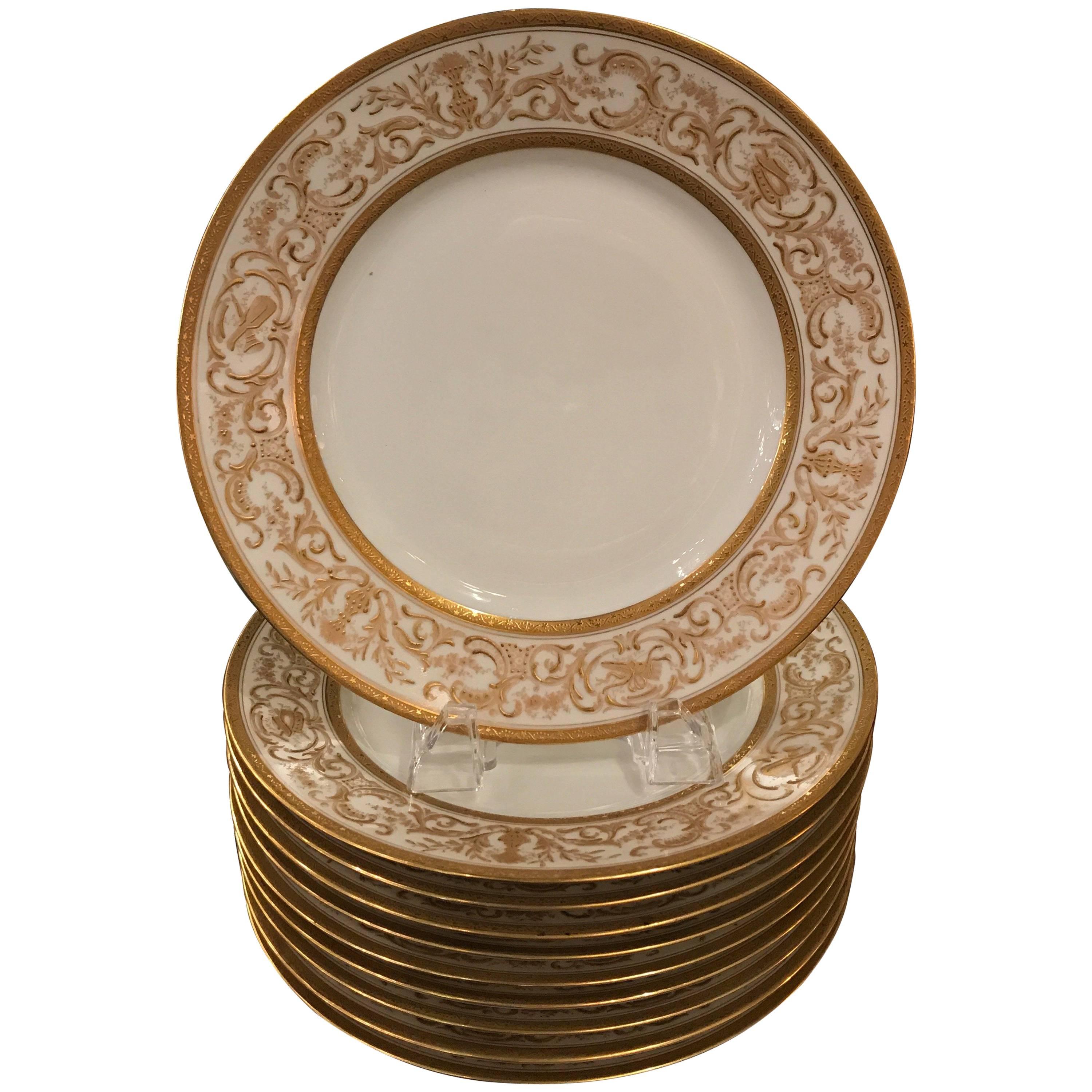Set of Ten French Plates with Raised Gilt Borders