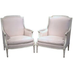 Pair of 19th Century French Louis XVI Carved Painted Armchairs with Beige Fabric