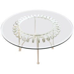 Vintage White Varnished Metal Coffee Table with Round Glass Top, Italy
