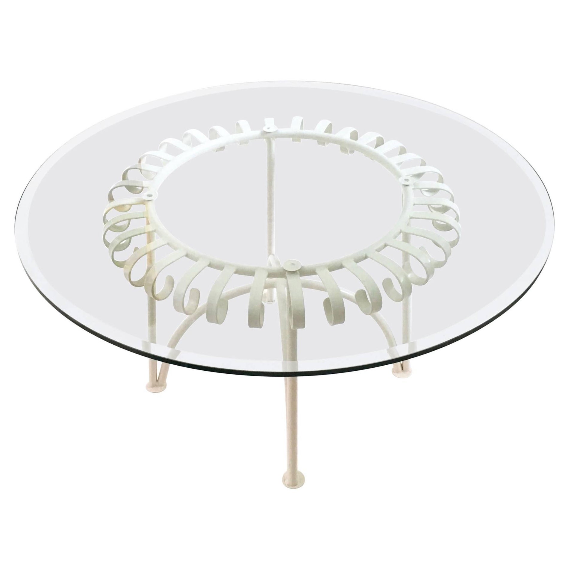 Vintage White Varnished Metal Coffee Table with Round Glass Top, Italy For Sale
