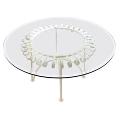 Retro White Varnished Metal Coffee Table with Round Glass Top, Italy