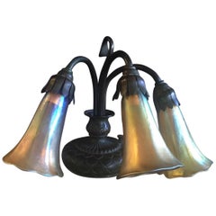 Bronze & Gold Favrile Glass Three-Light Pond Lilly Piano Lamp by Tiffany Studios